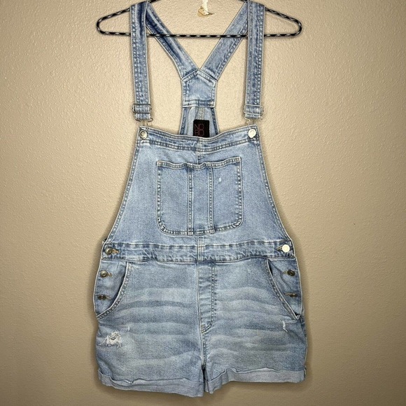 NOBO Junior's Blue Rolled Cuff Stretch Cotton Denim Jean Short Overalls XXL - Picture 1 of 9